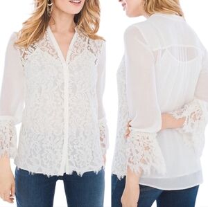 Chico's Chic Lace Blouse Lantern Bell Sleeves Cream‎ Button Up Size 0 Small